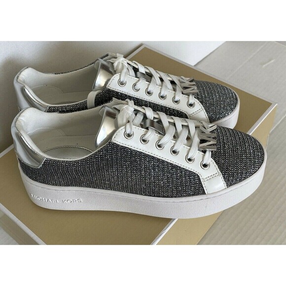 New Michael Kors Poppy Lace up Glitter Chain Mesh sneakers size 5.5 White Silver - Picture 1 of 8